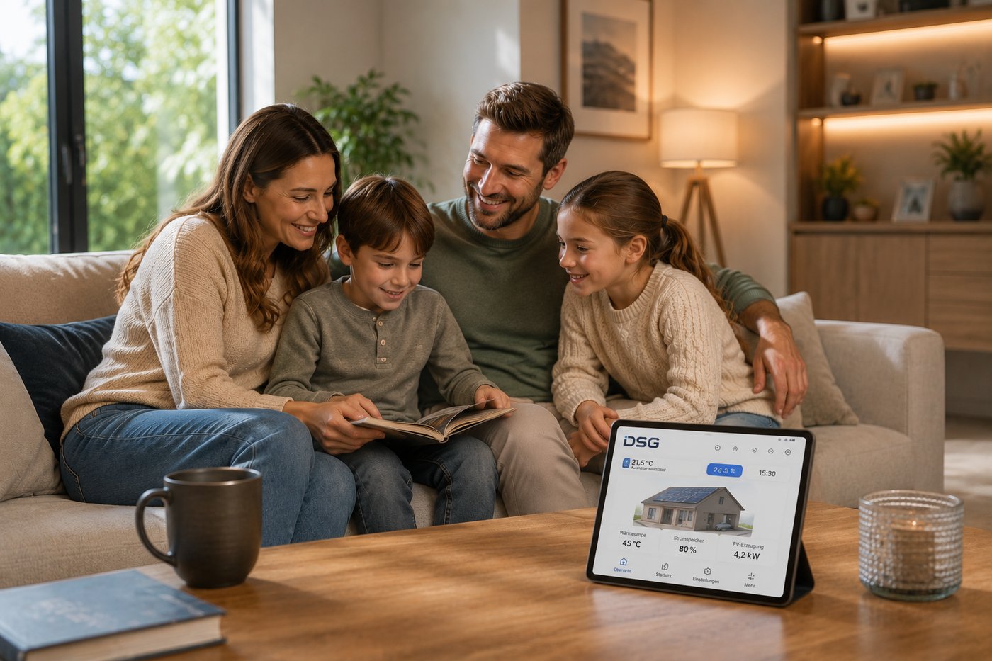 Familie im Wohnzimmer mit der DSG-Energie-App auf dem Tablet – Wärmepumpe, Stromspeicher und PV-Erzeugung im Blick