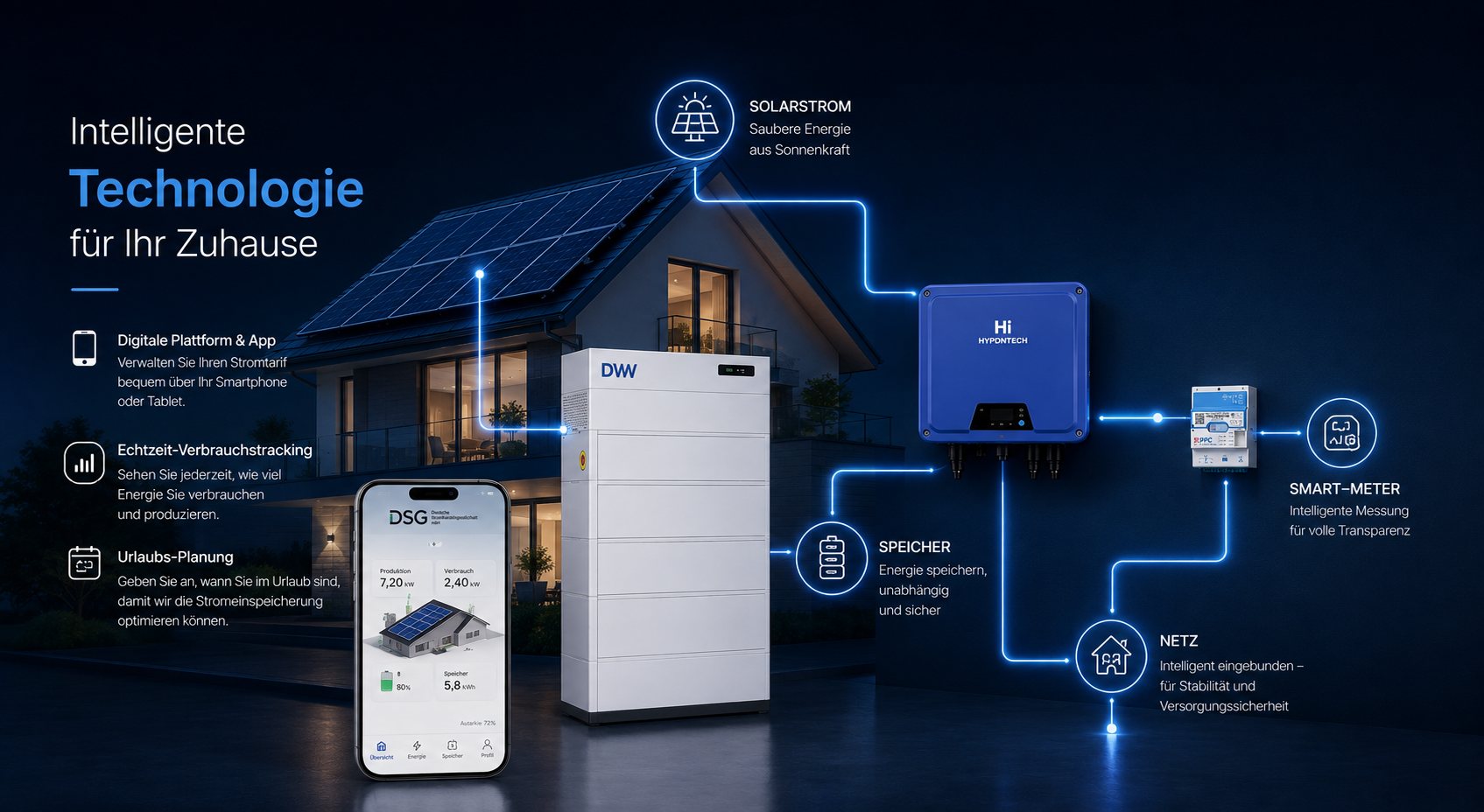 Technologie – Digitale Plattform, App und Smart-Meter: Ihr Energiemanagement wird transparent, smart und komfortabel.