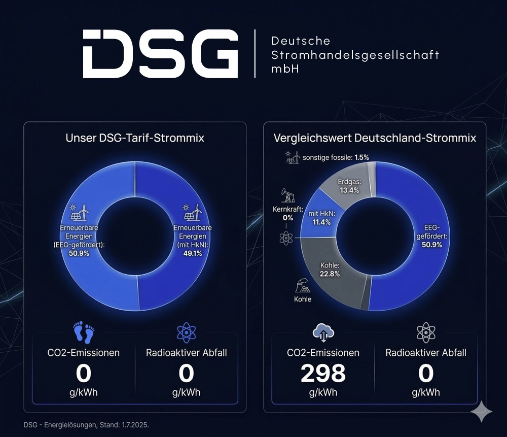 Stromkennzeichnung der DSG nach § 42 EnWG, Stand 1.7.2025: DSG-Tarif-Strommix (50,9 % EEG-gefördert, 49,1 % erneuerbare Energien mit HkN, 0 g/kWh CO₂) im Vergleich zum Deutschland-Strommix (298 g/kWh CO₂).